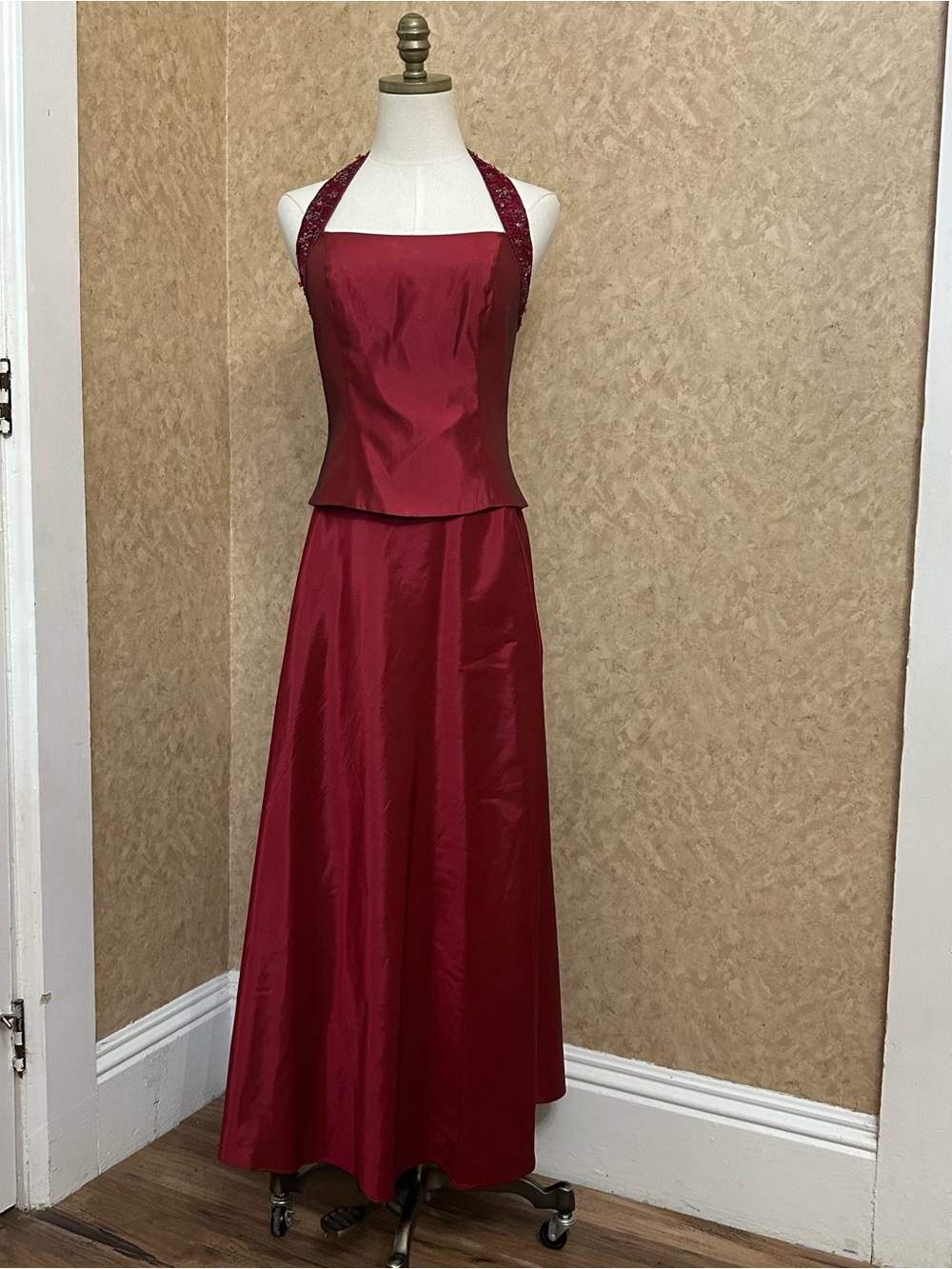 Vintage y2k 90s satin metallic red beaded prom dress formal gown skirt set